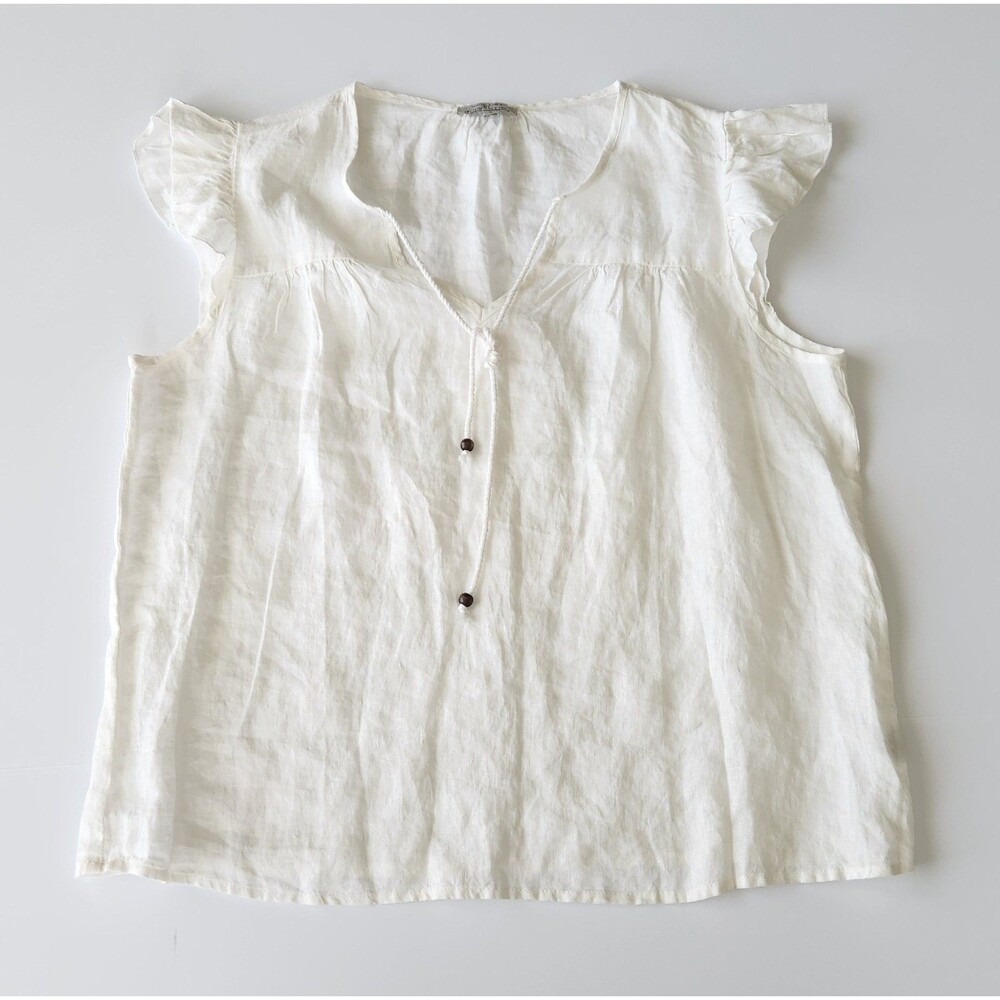 Hester & Orchard Ivory Linen Blouse Flutter Sleeve Boho Tie Front Top - S